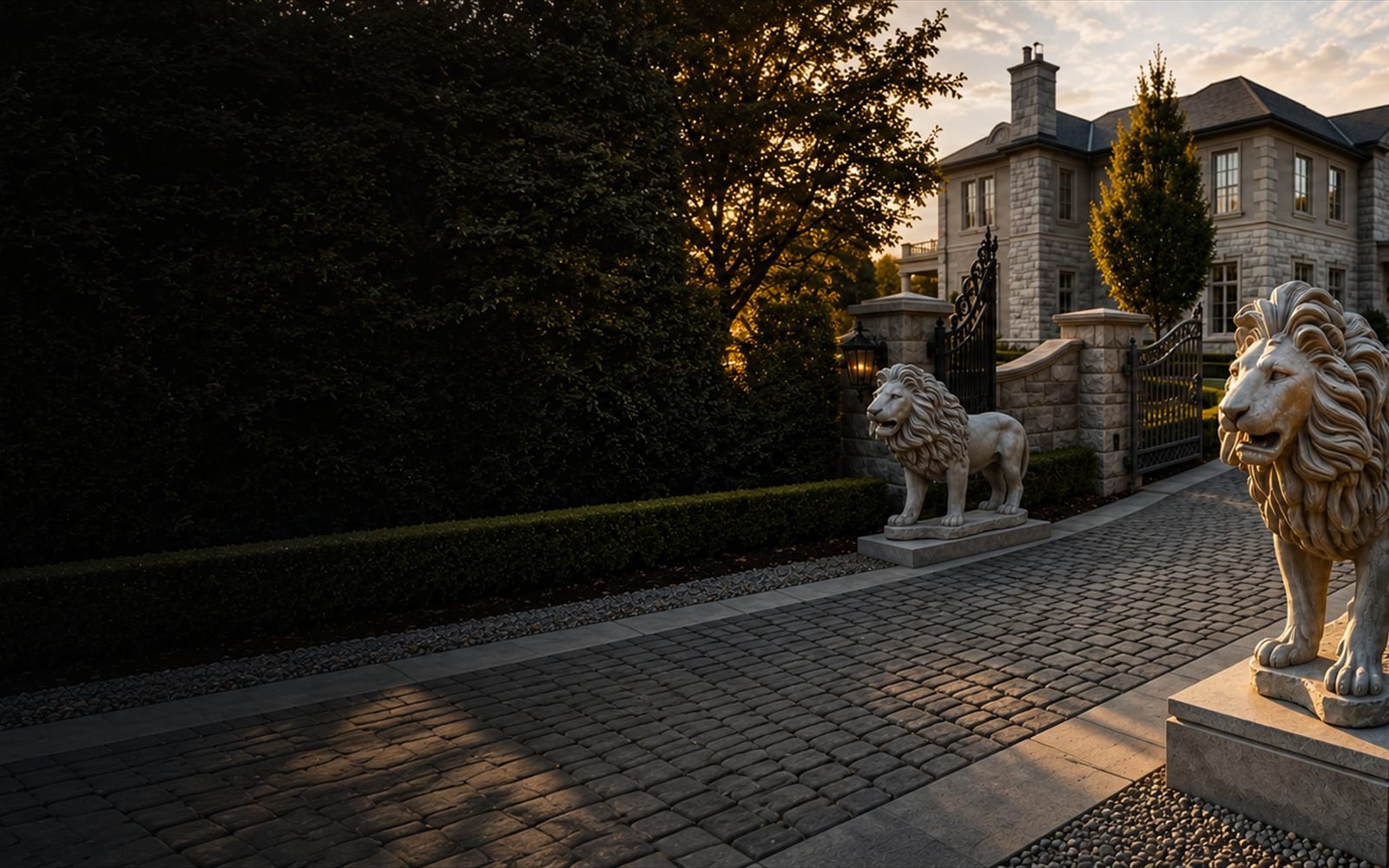 A pair of concrete lion statues flanking a paved estate driveway at dusk