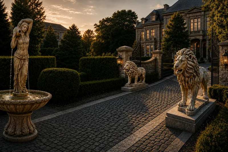 Concrete lions and a fountain lining an estate driveway at sunset