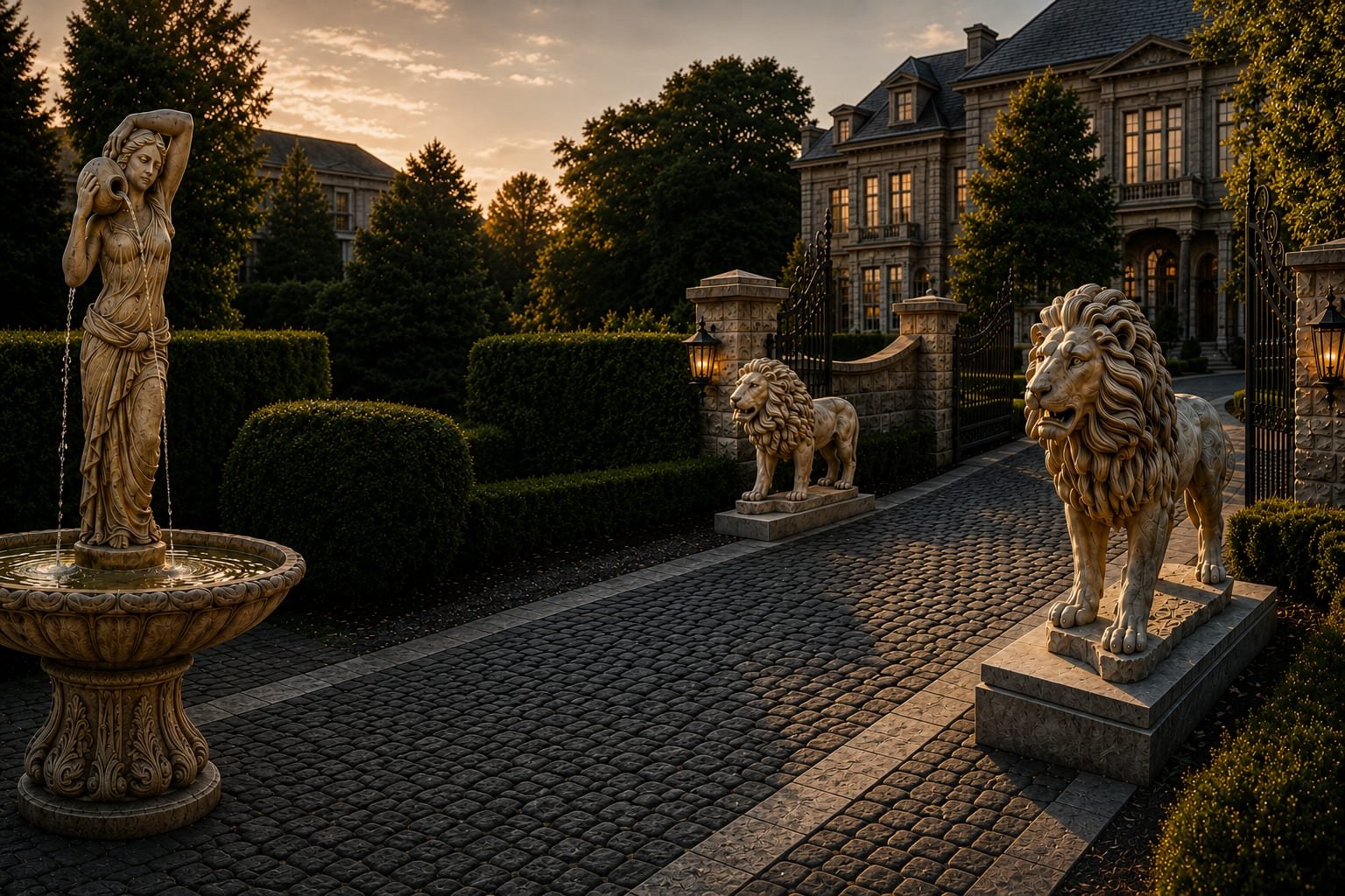 Concrete guardian lions flanking a cobbled estate driveway at dusk, with a classical fountain in the foreground
