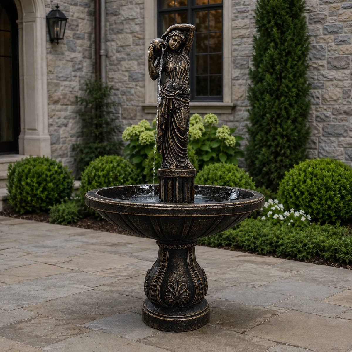 A tiered concrete garden fountain running in the courtyard of a stone house