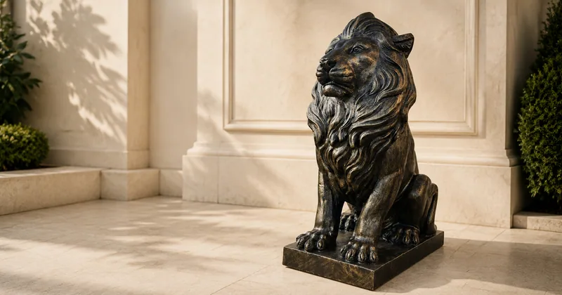 Bronze-finished concrete lion seated on a plinth beside a limestone facade