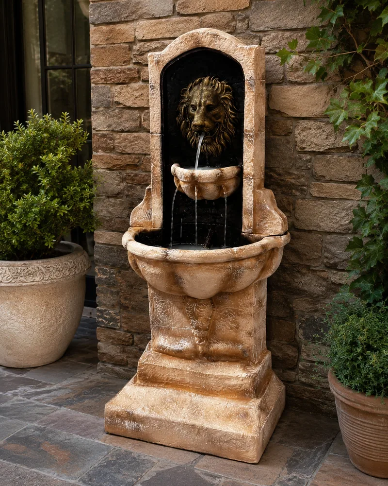 Carved concrete planters beside a lion-head wall fountain on a stone wall