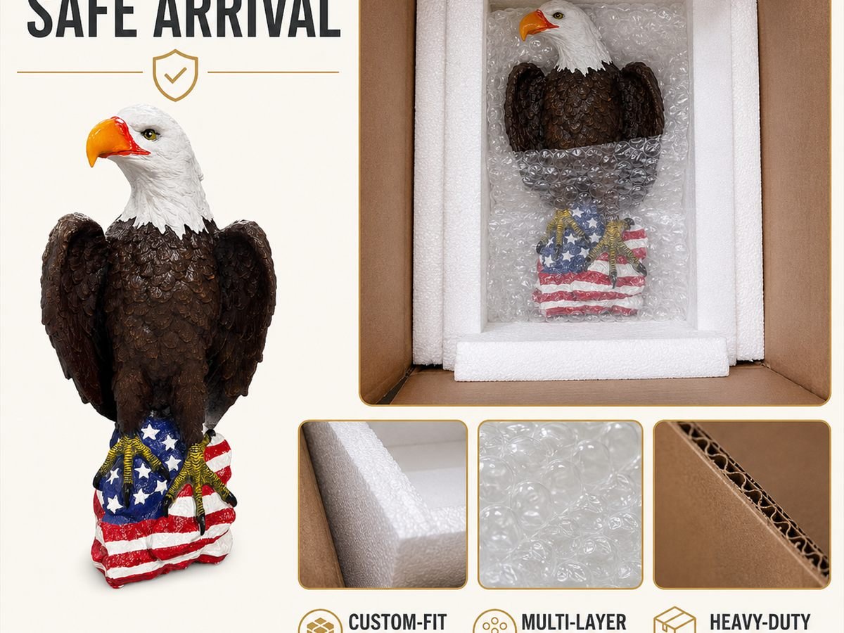 A concrete eagle statue packed in custom-cut foam inside a heavy-duty shipping carton
