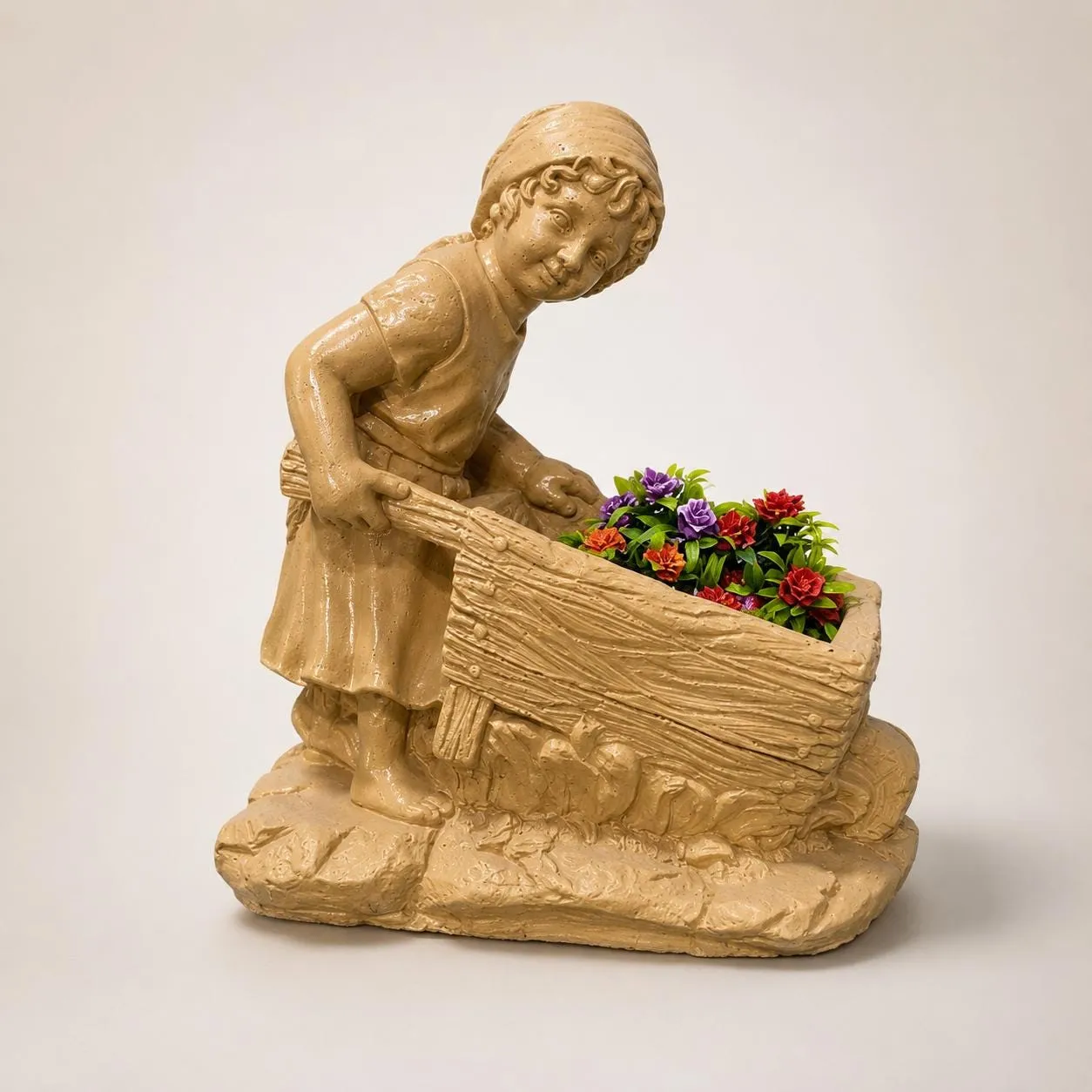20″ Girl with Wheelbarrow Planter, Hand-Painted Concrete, photo 2 of 10