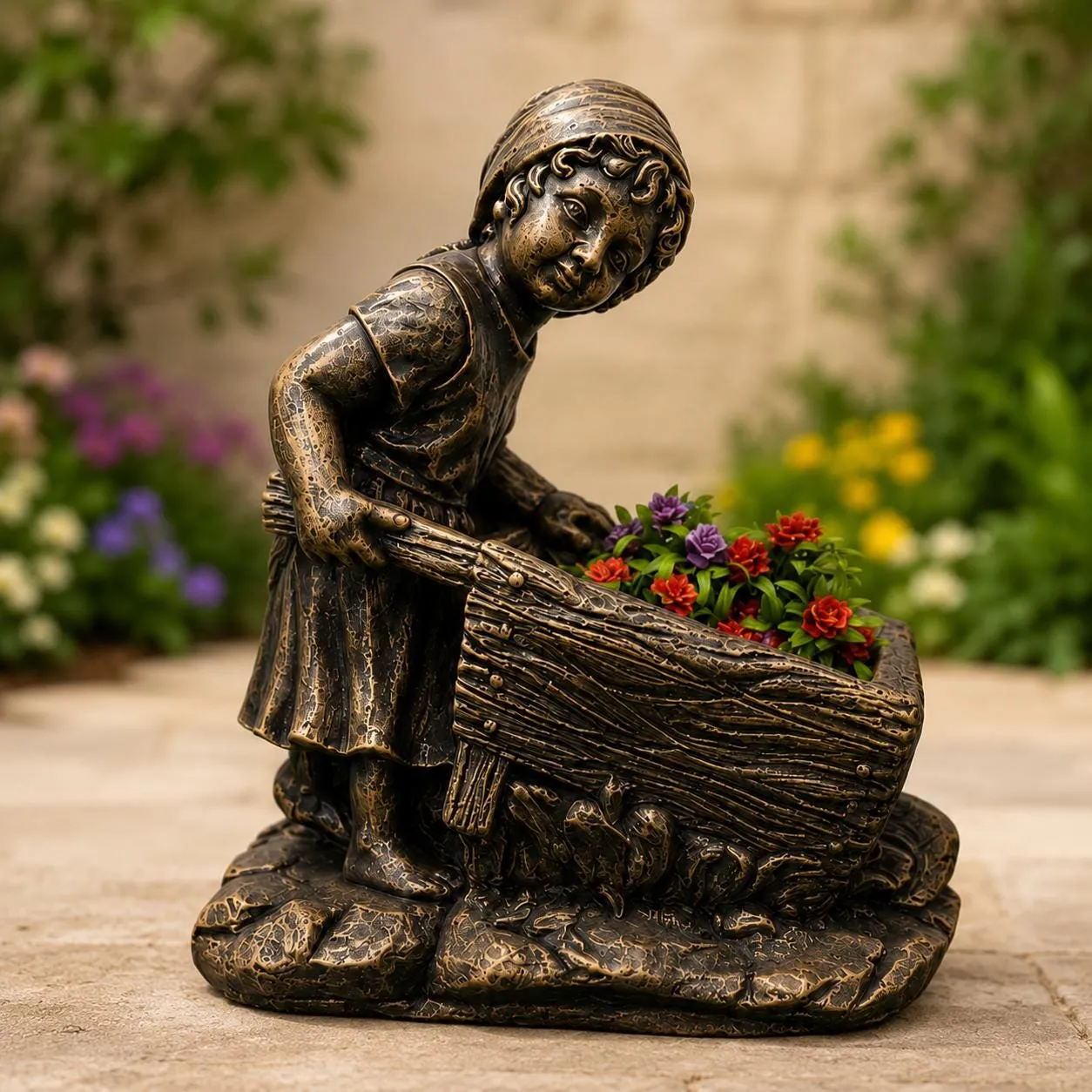 20″ Girl with Wheelbarrow Planter, Hand-Painted Concrete, photo 3 of 10