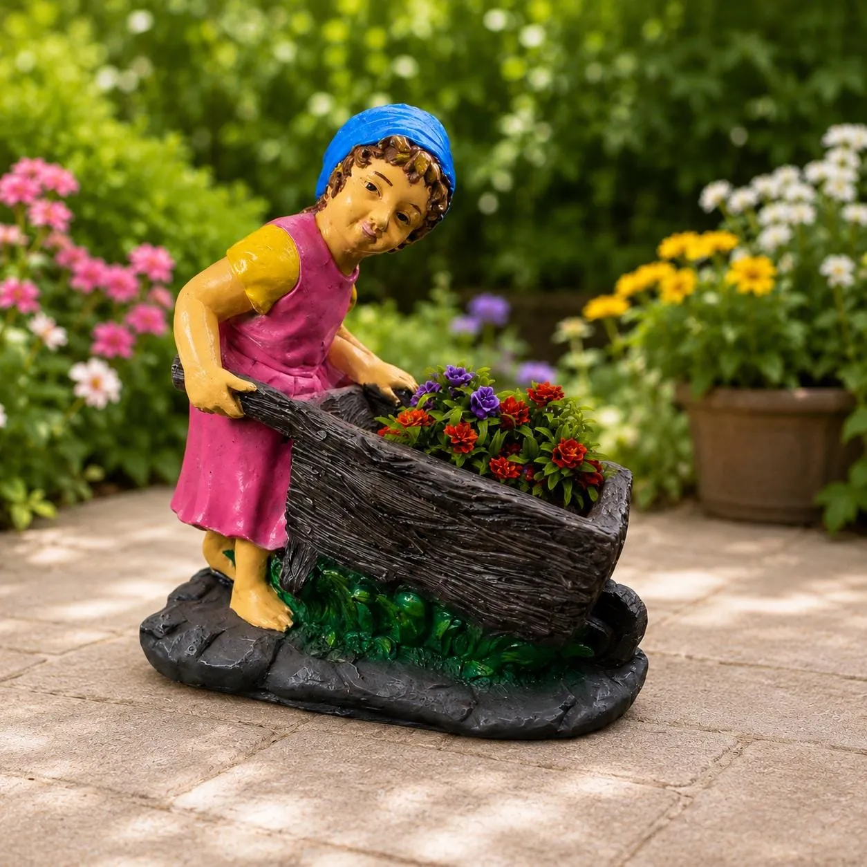 20″ Girl with Wheelbarrow Planter, Hand-Painted Concrete, photo 4 of 10