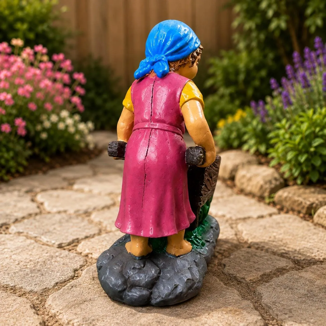 20″ Girl with Wheelbarrow Planter, Hand-Painted Concrete, photo 5 of 10