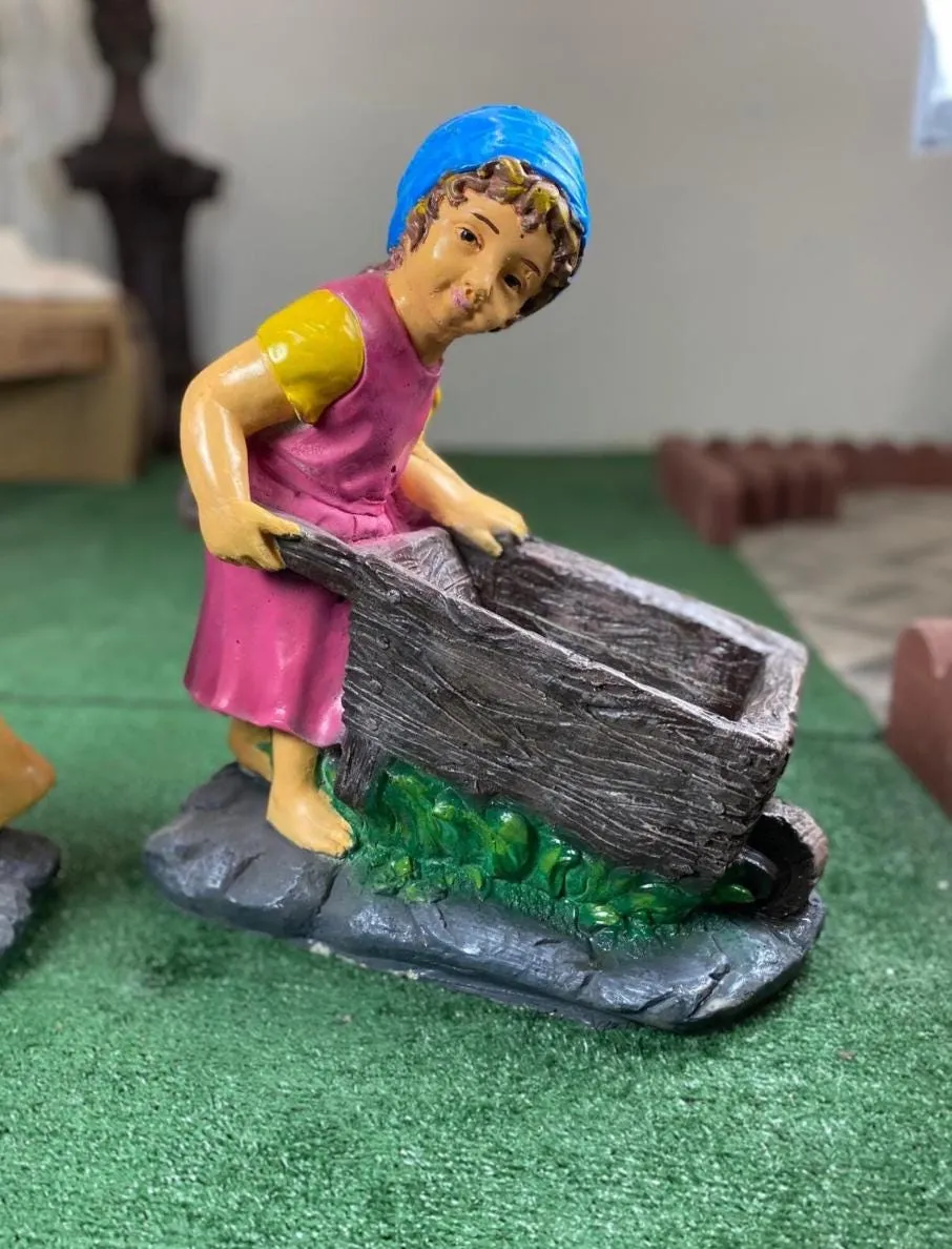 20″ Girl with Wheelbarrow Planter, Hand-Painted Concrete, photo 6 of 10