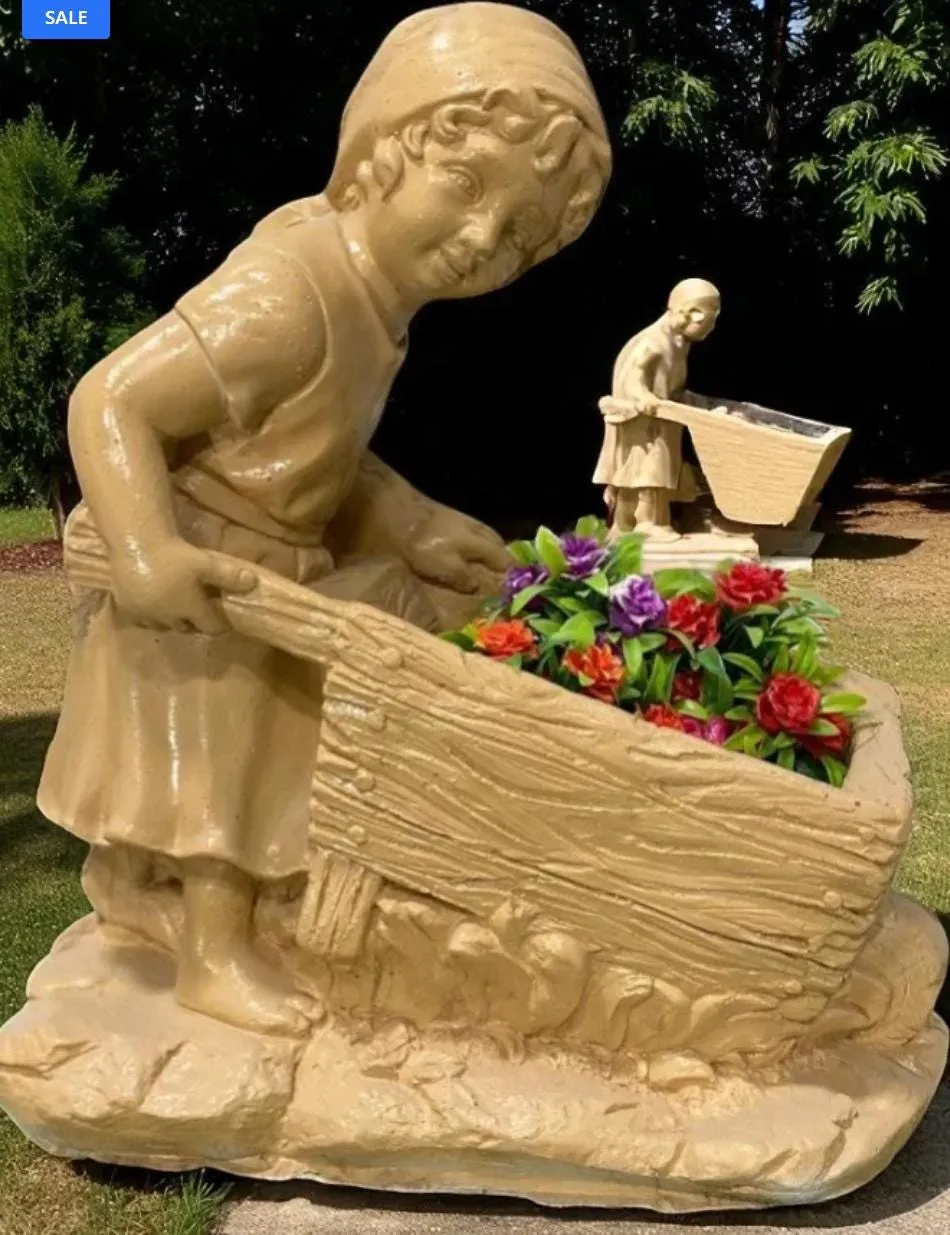 20″ Girl with Wheelbarrow Planter, Hand-Painted Concrete, photo 7 of 10