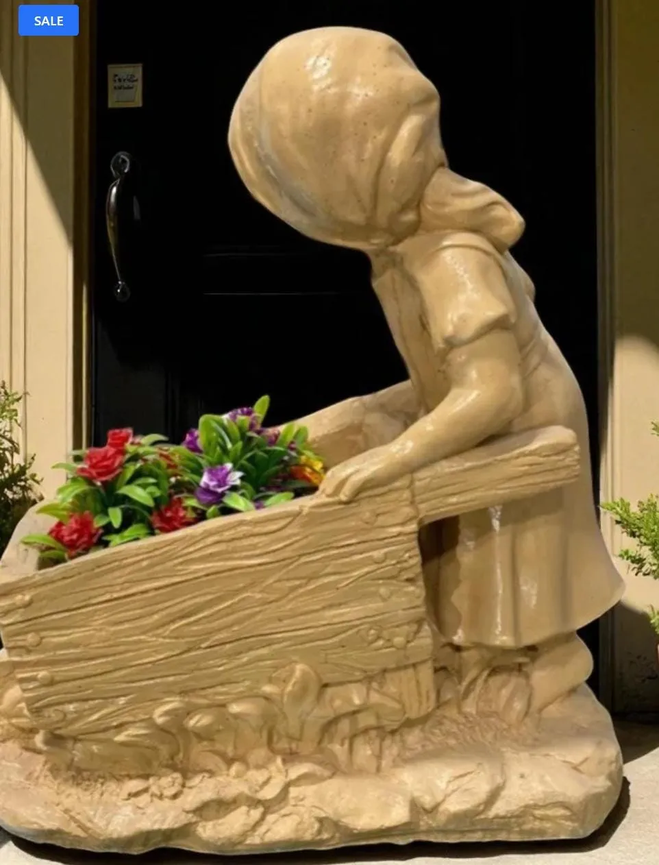 20″ Girl with Wheelbarrow Planter, Hand-Painted Concrete, photo 9 of 10