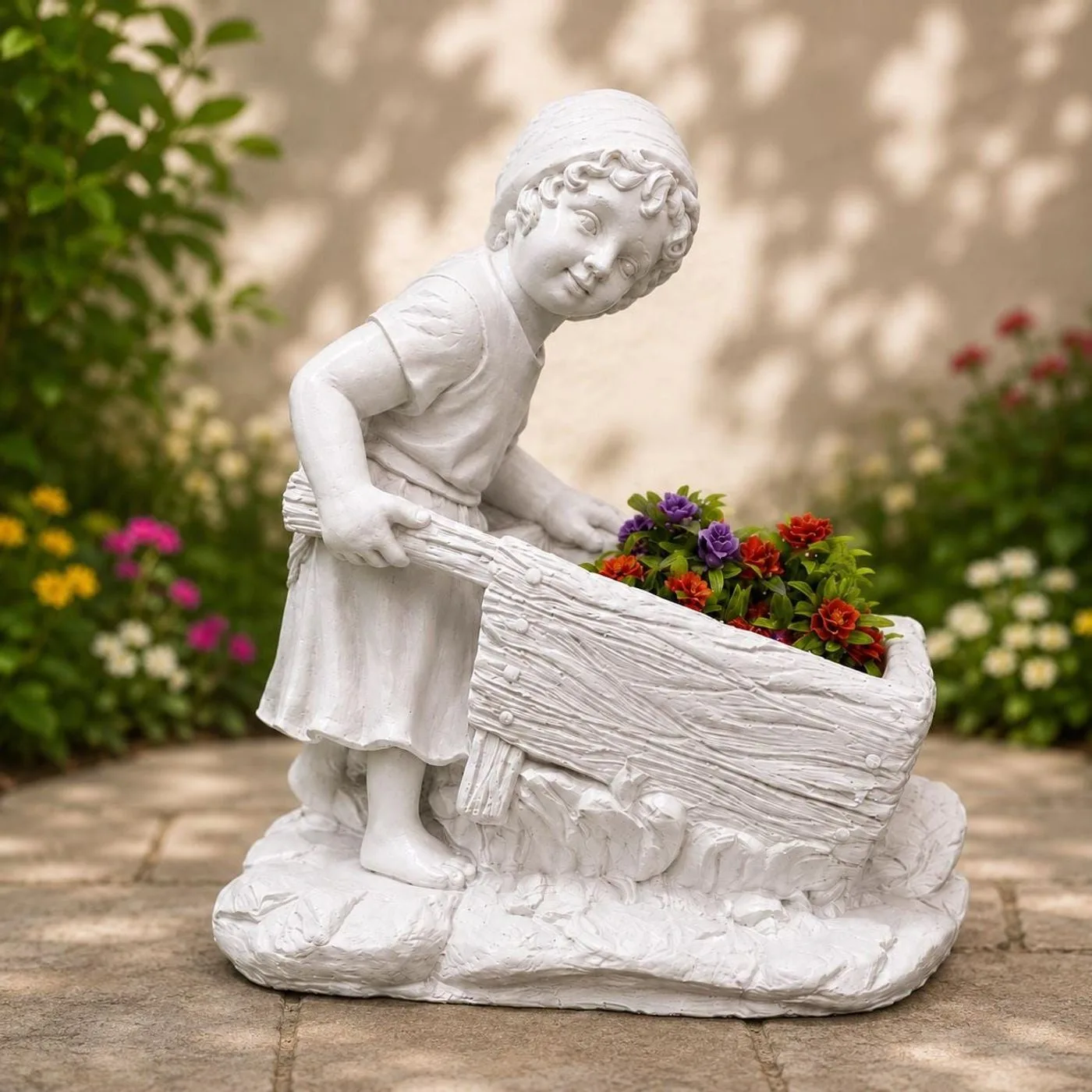 20″ Girl with Wheelbarrow Planter, Hand-Painted Concrete