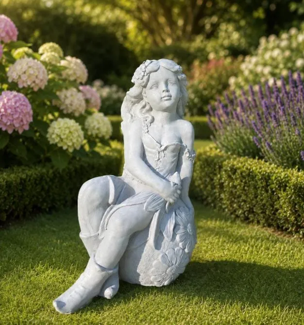 21″ Seated Rose Fairy, Hand-Painted Concrete, photo 2 of 9