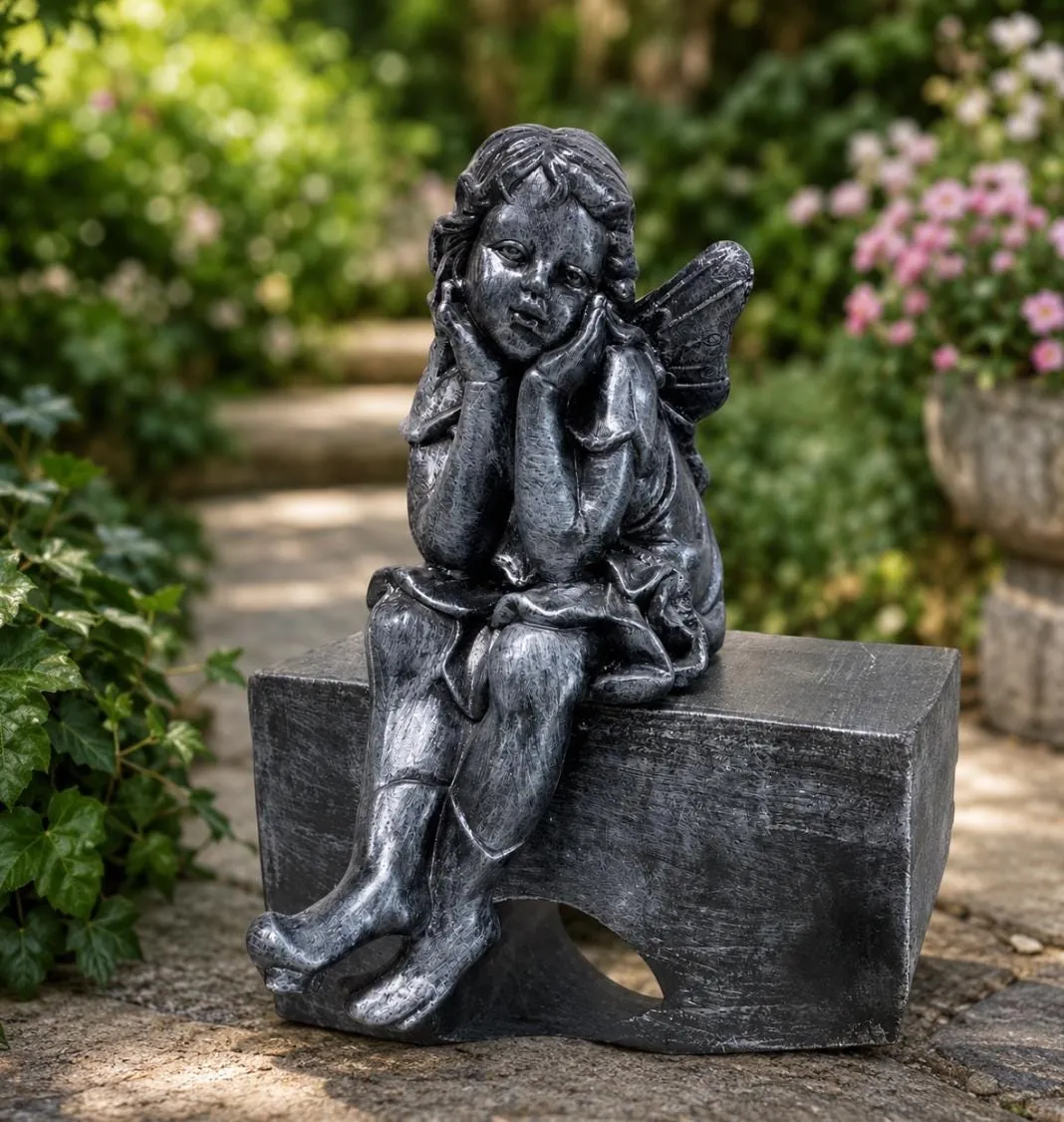 24″ Sitting Angel, Hand-Painted Concrete, photo 3 of 10