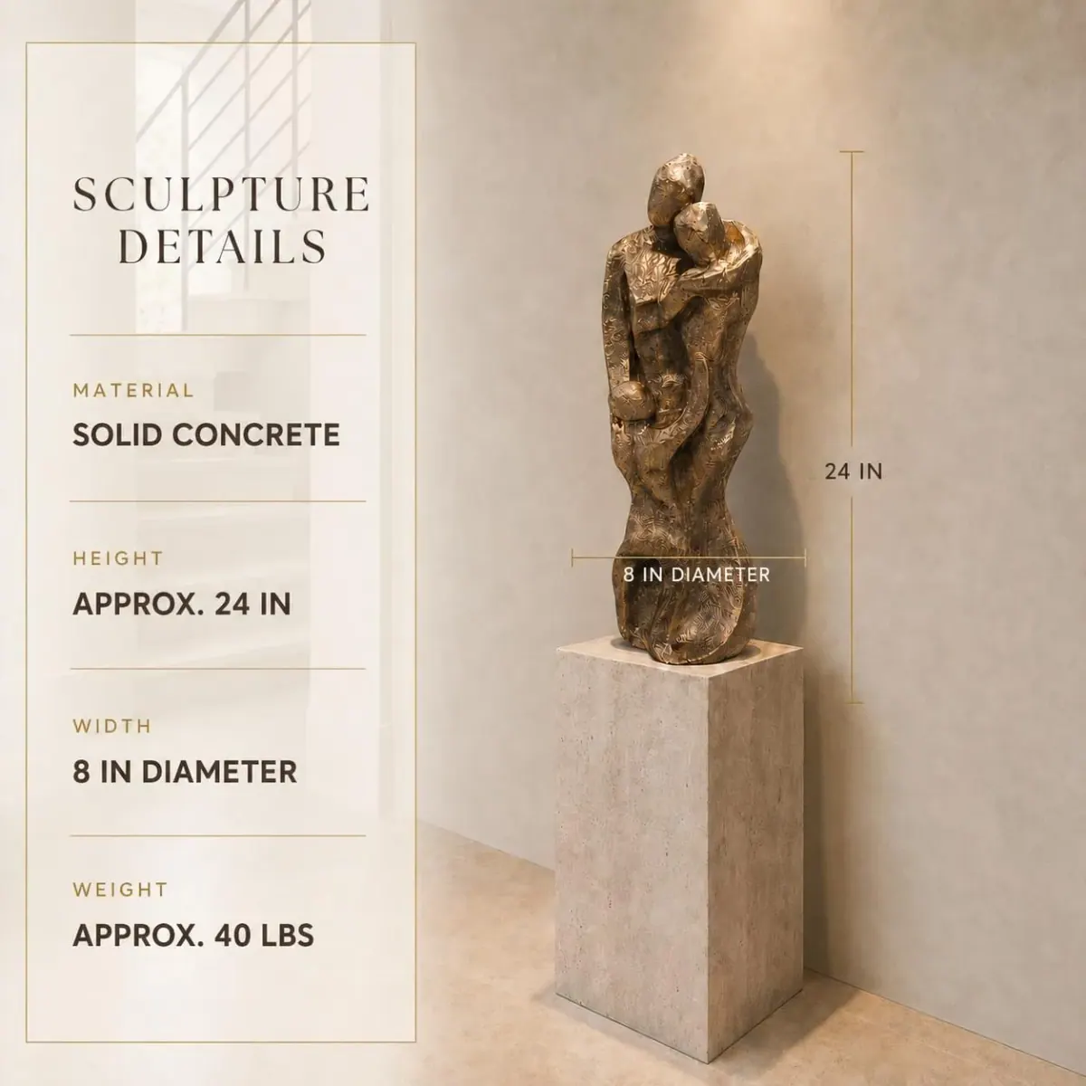 24″ Family Embrace Sculpture, Solid Concrete, photo 2 of 5