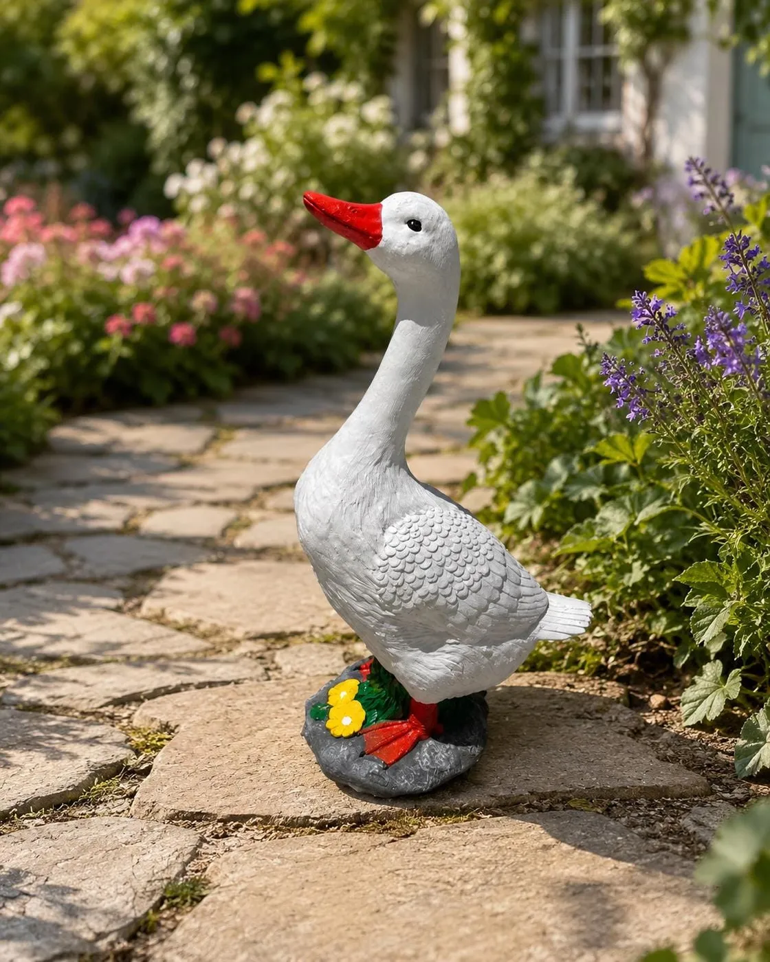 25″ Porch Goose with Floral Base, Hand-Painted Concrete, photo 2 of 8