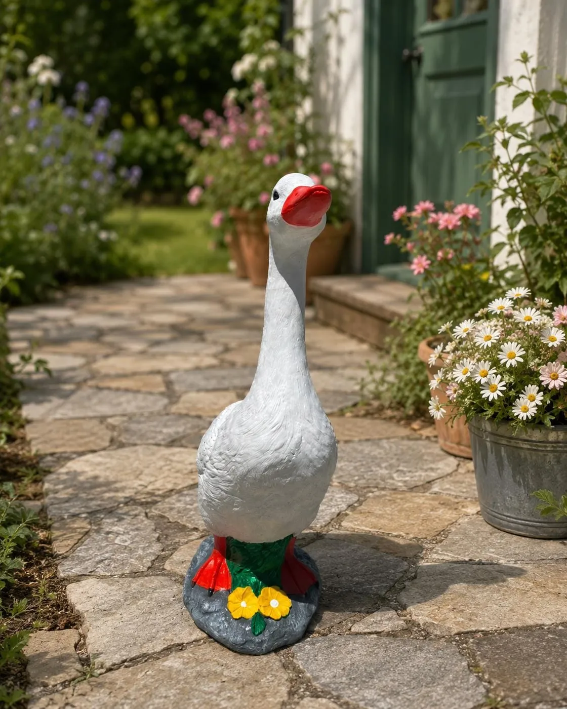 25″ Porch Goose with Floral Base, Hand-Painted Concrete, photo 4 of 8