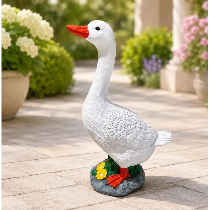 25″ Porch Goose with Floral Base, Hand-Painted Concrete