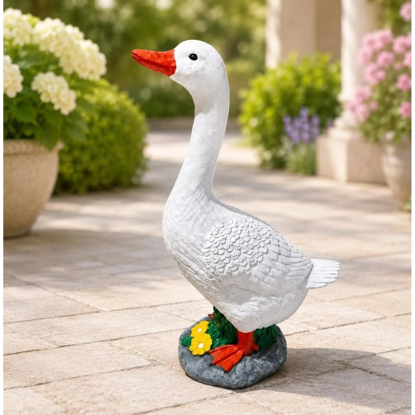 25″ Porch Goose with Floral Base, Hand-Painted Concrete