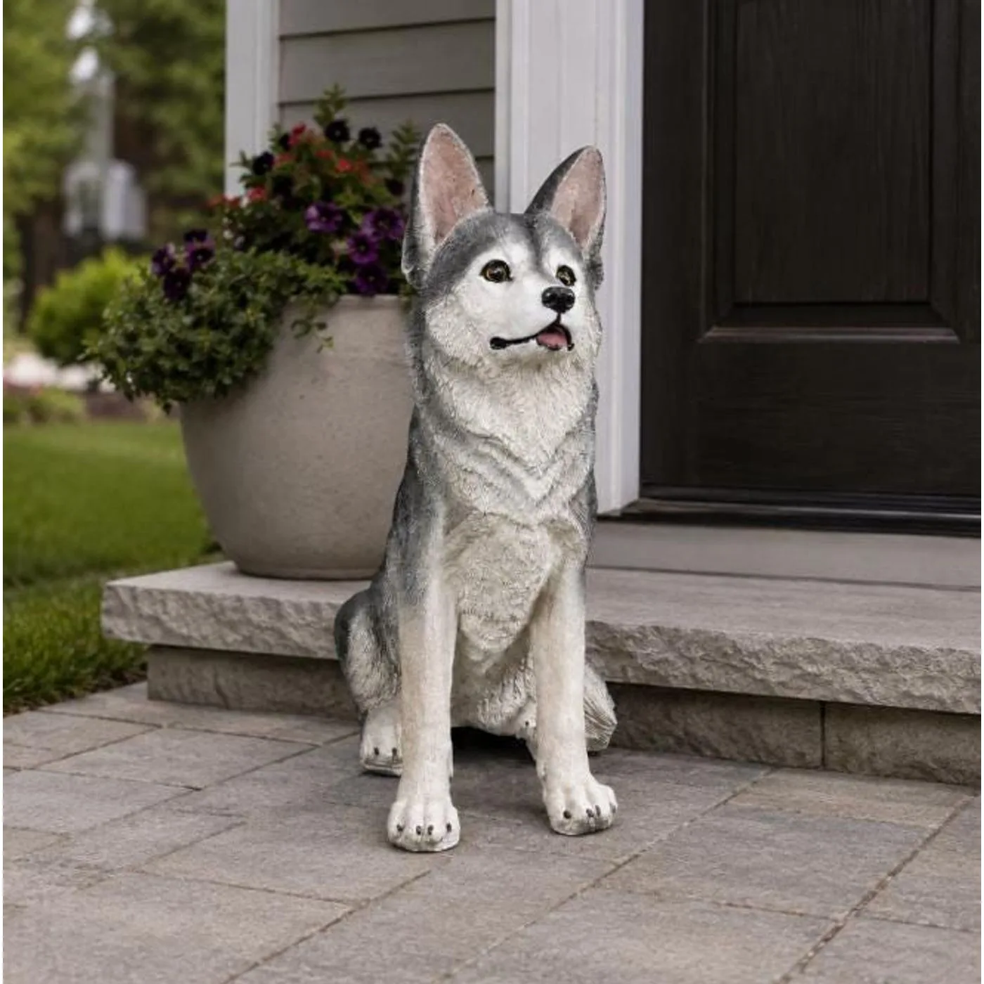 28″ Siberian Husky Statue, Hand-Painted Concrete
