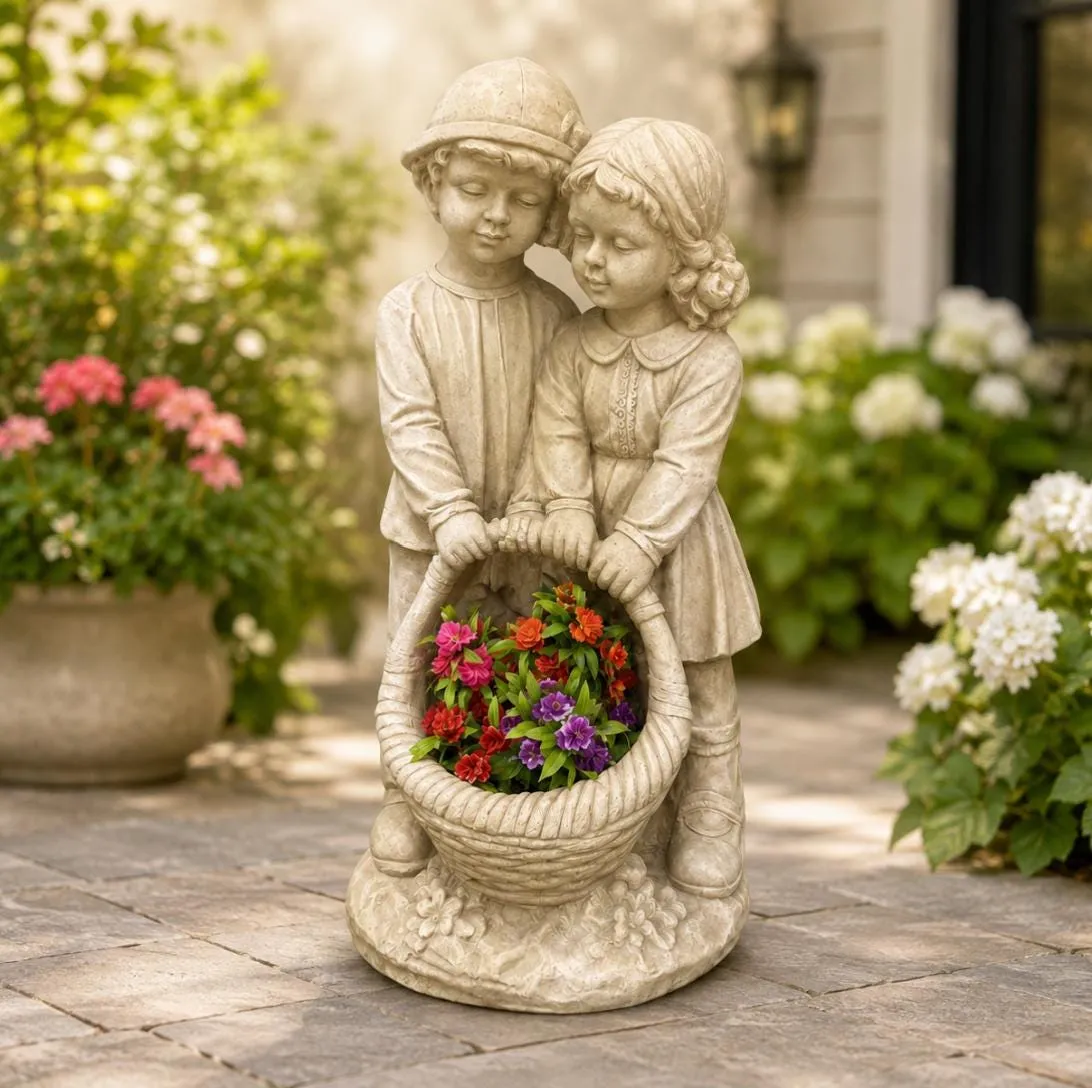 28″ Siblings Statue with Solar Light, Solid Concrete, photo 2 of 7