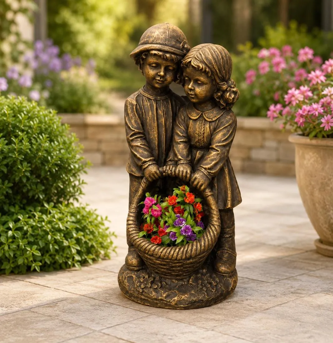 28″ Siblings Statue with Solar Light, Solid Concrete, photo 3 of 7