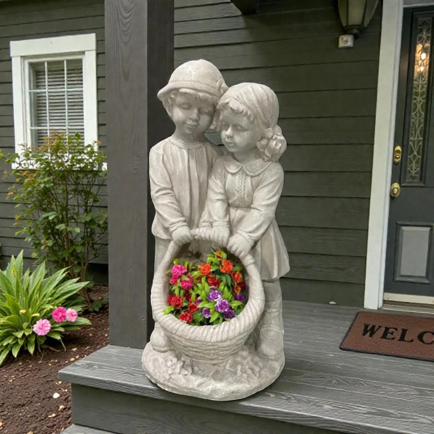 28″ Siblings Statue with Solar Light, Solid Concrete, photo 4 of 7