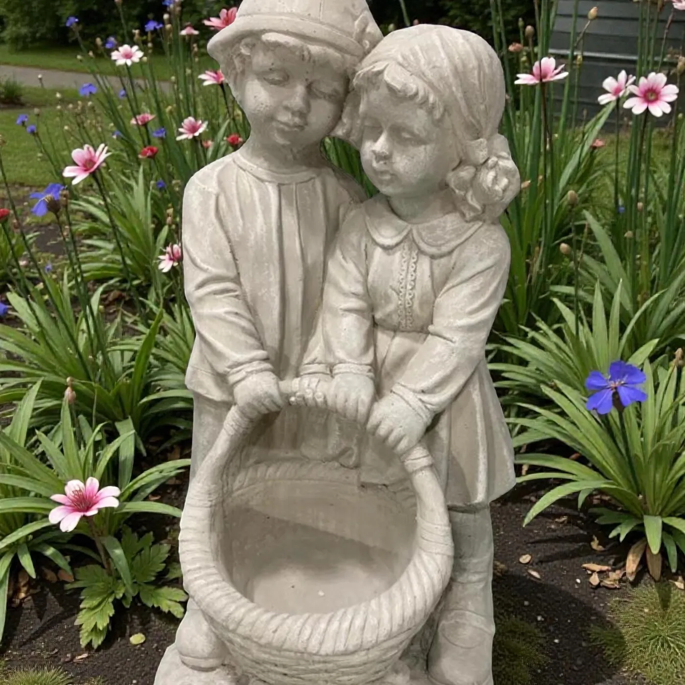 28″ Siblings Statue with Solar Light, Solid Concrete, photo 5 of 7