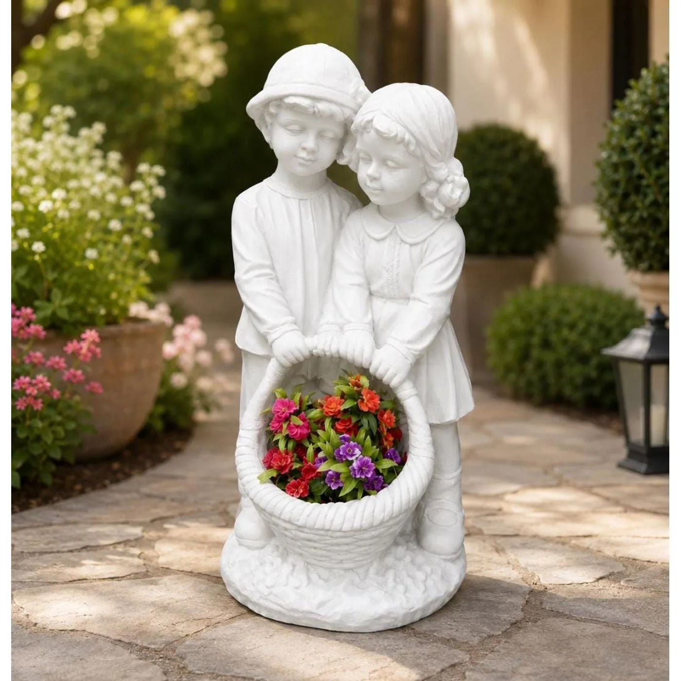 28″ Siblings Statue with Solar Light, Solid Concrete
