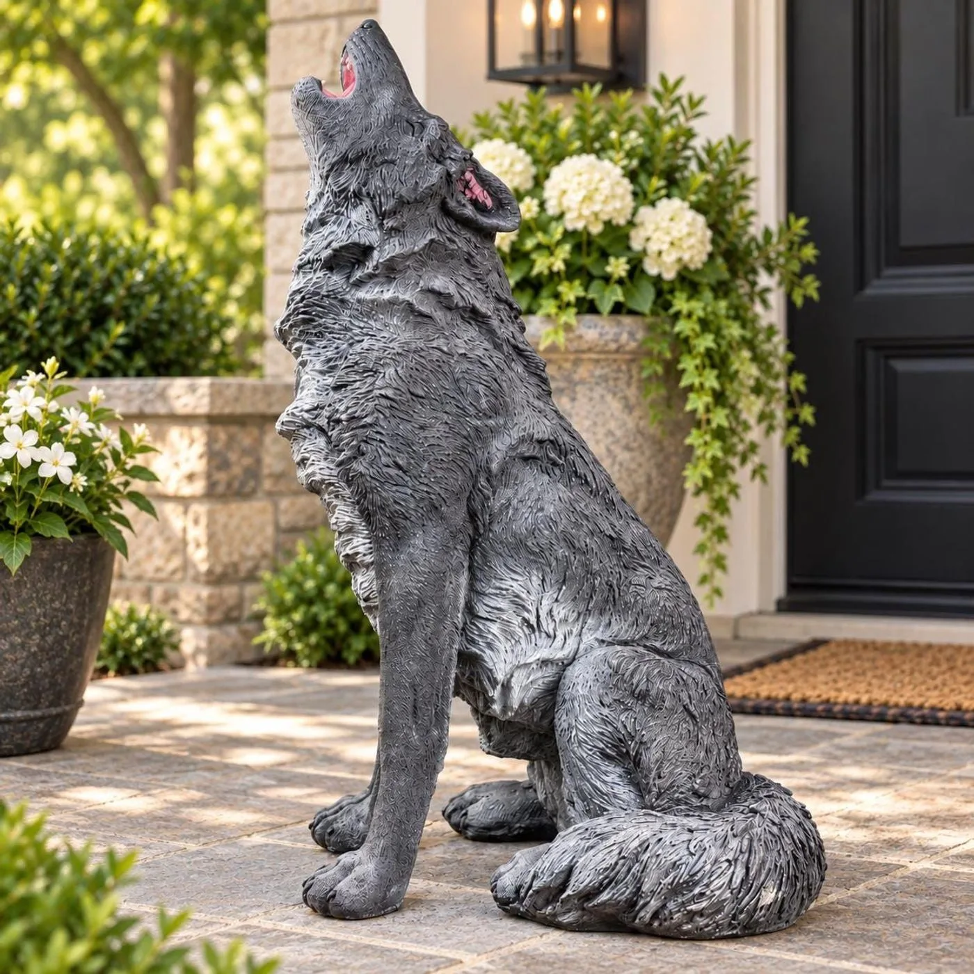 30″ Howling Wolf Statue, Hand-Painted Concrete