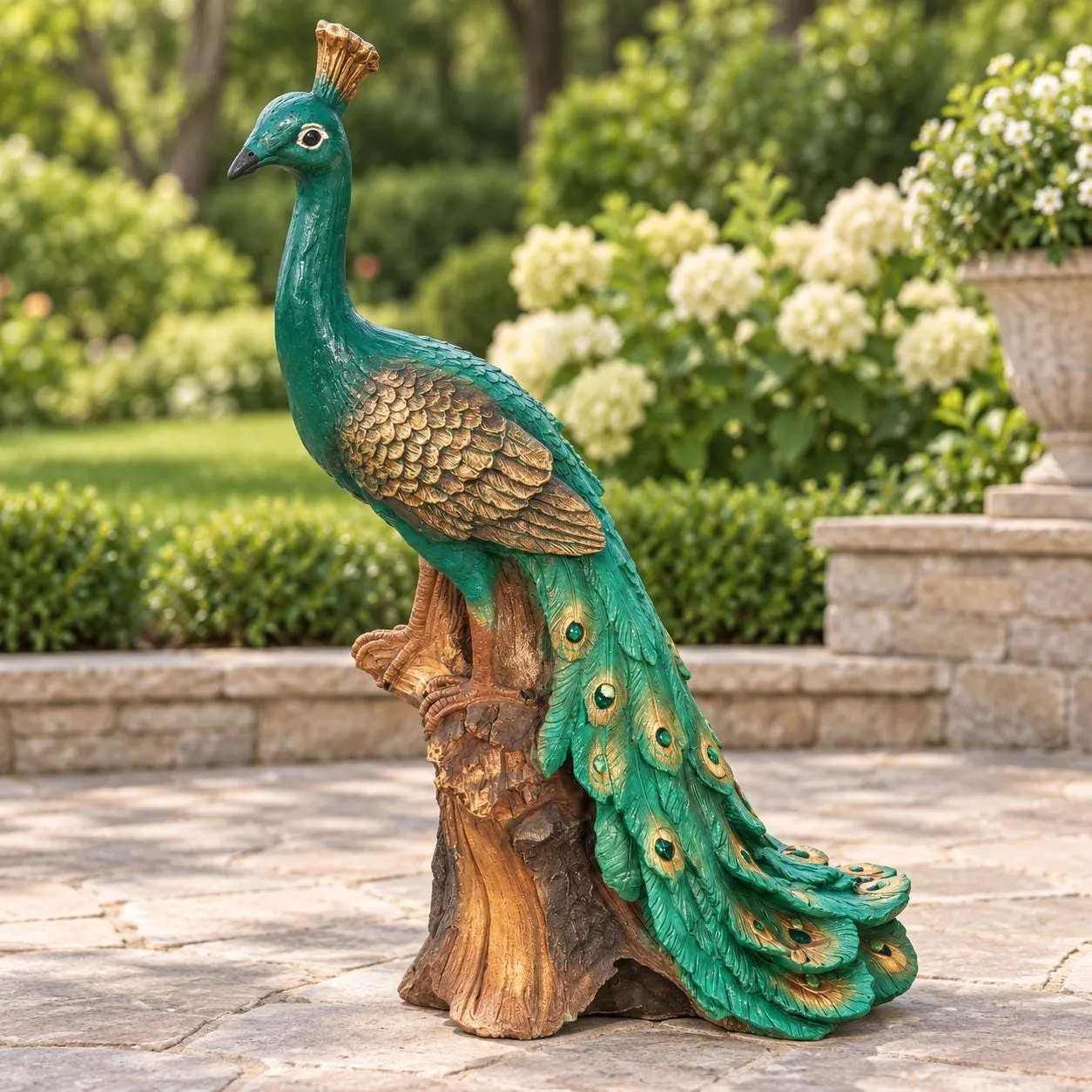 34.5″ Peacock Statue, Hand-Painted Concrete, photo 5 of 10
