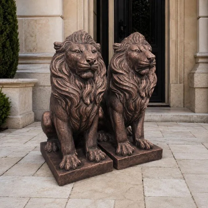 40″ Estate Lions, Pair — Solid Concrete