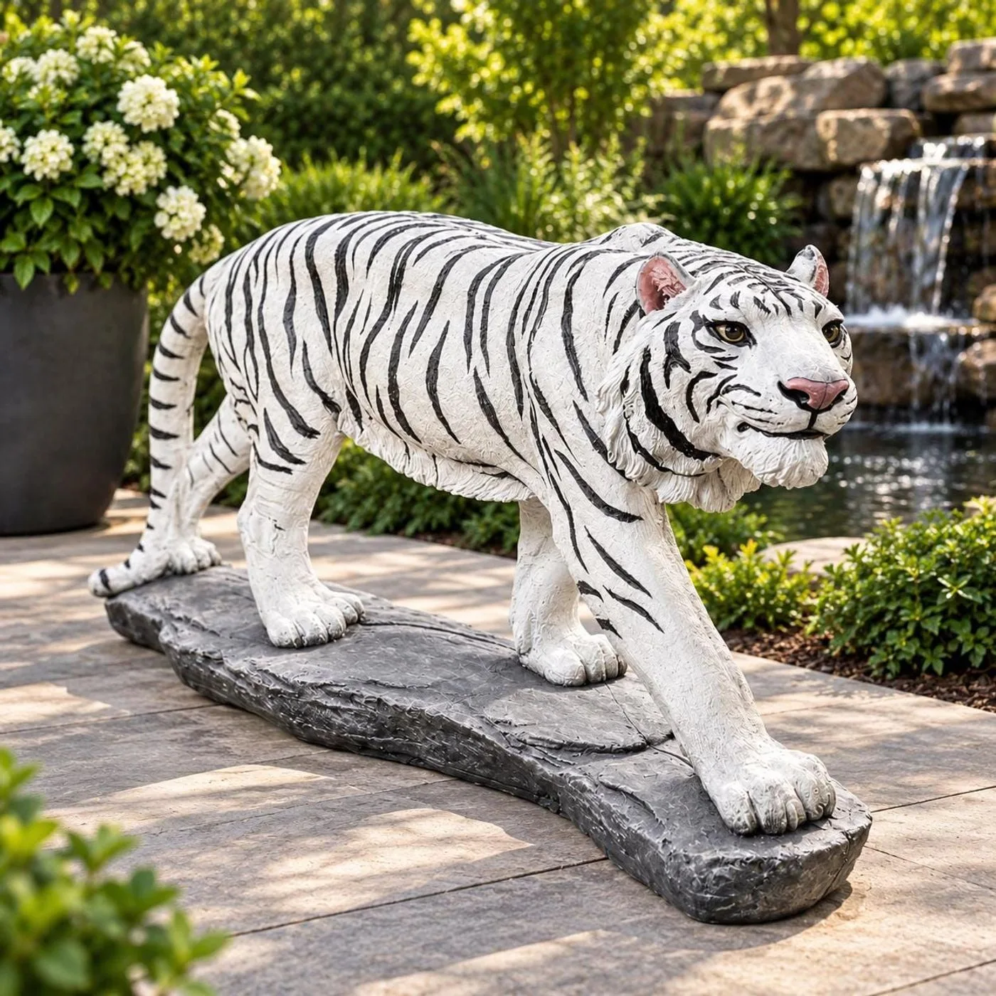 48″ Long Tiger Statue, Hand-Painted Concrete
