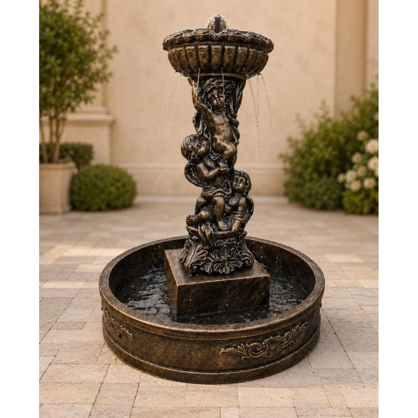 5 ft Cherub Garden Fountain, Solid Concrete