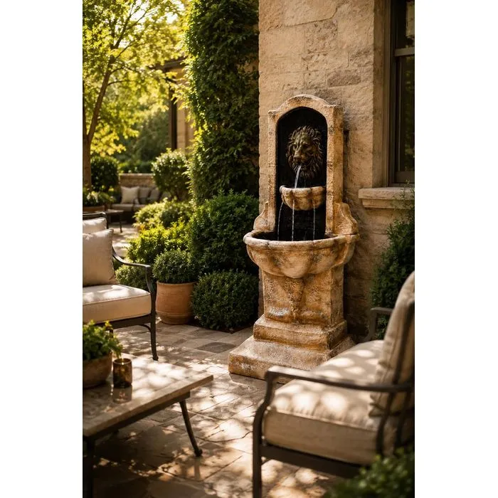61″ Lion Wall Fountain, Solid Concrete