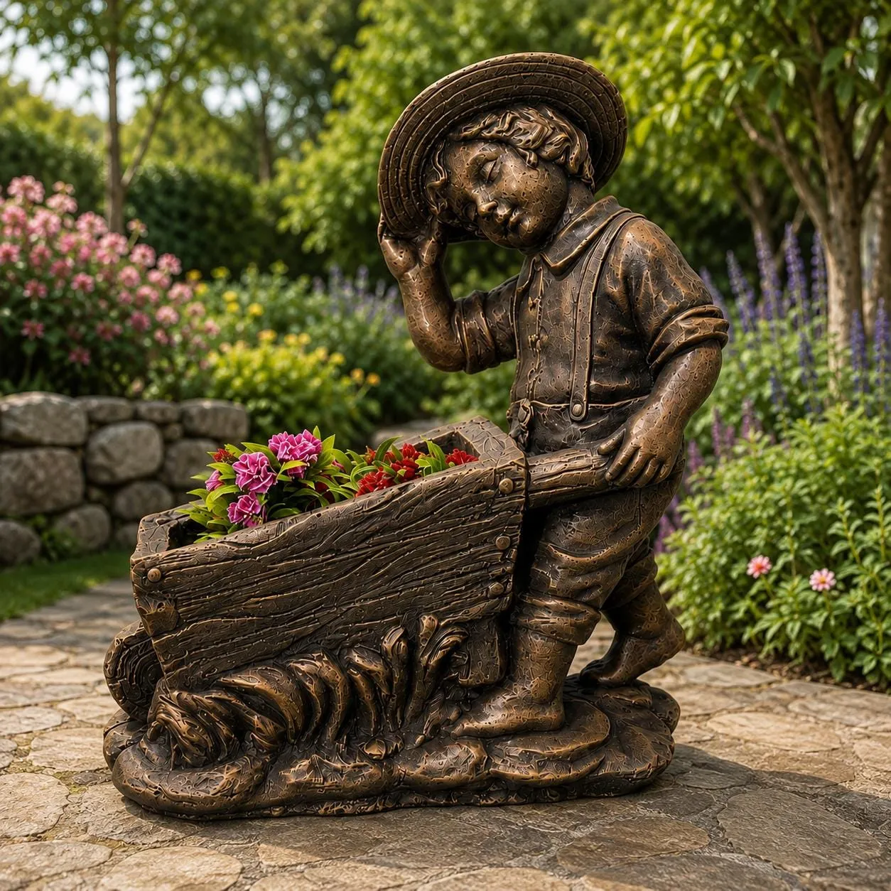 21″ Boy with Wheelbarrow Planter, Hand-Painted Concrete, photo 2 of 8
