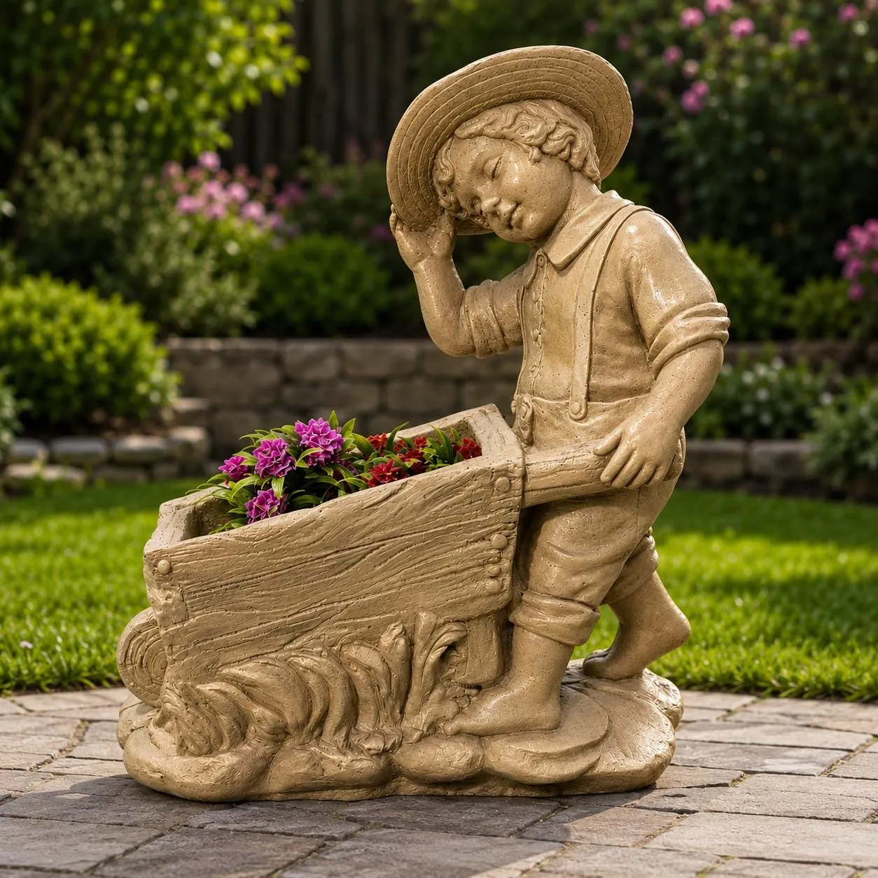 21″ Boy with Wheelbarrow Planter, Hand-Painted Concrete, photo 3 of 8