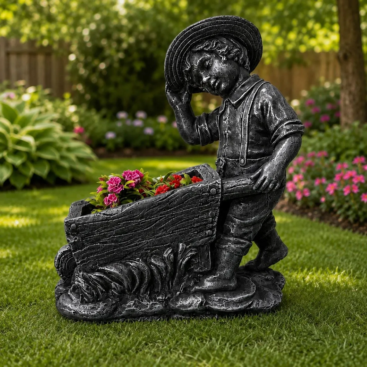 21″ Boy with Wheelbarrow Planter, Hand-Painted Concrete, photo 4 of 8