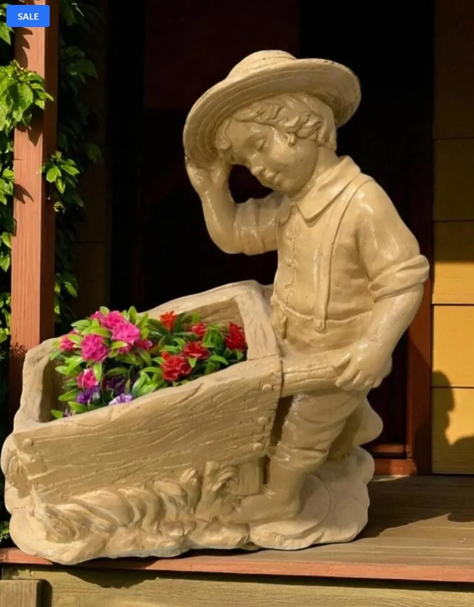 21″ Boy with Wheelbarrow Planter, Hand-Painted Concrete, photo 5 of 8
