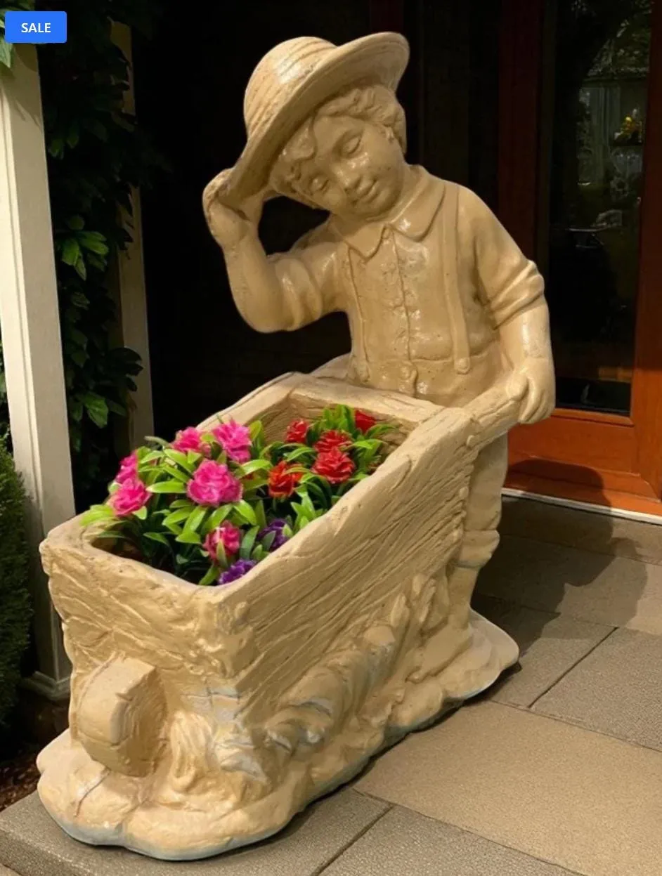 21″ Boy with Wheelbarrow Planter, Hand-Painted Concrete, photo 8 of 8