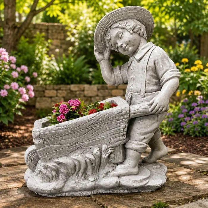 21″ Boy with Wheelbarrow Planter, Hand-Painted Concrete