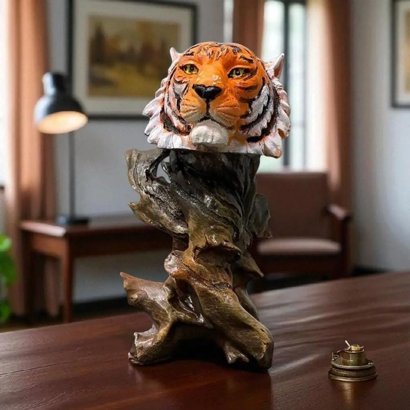 10″ Tiger Head Sculpture, Solid Concrete