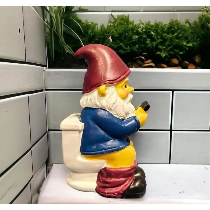 Gnome on Toilet Statue, Cast Resin