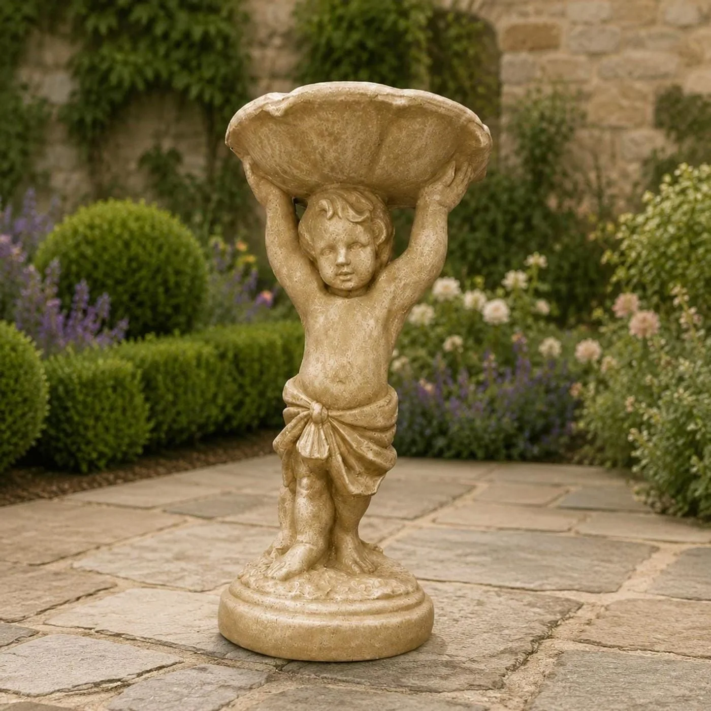 24″ Boy with Birdbath, Solid Concrete