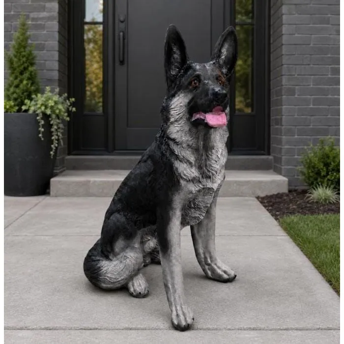 33″ German Shepherd Statue, Hand-Painted Concrete