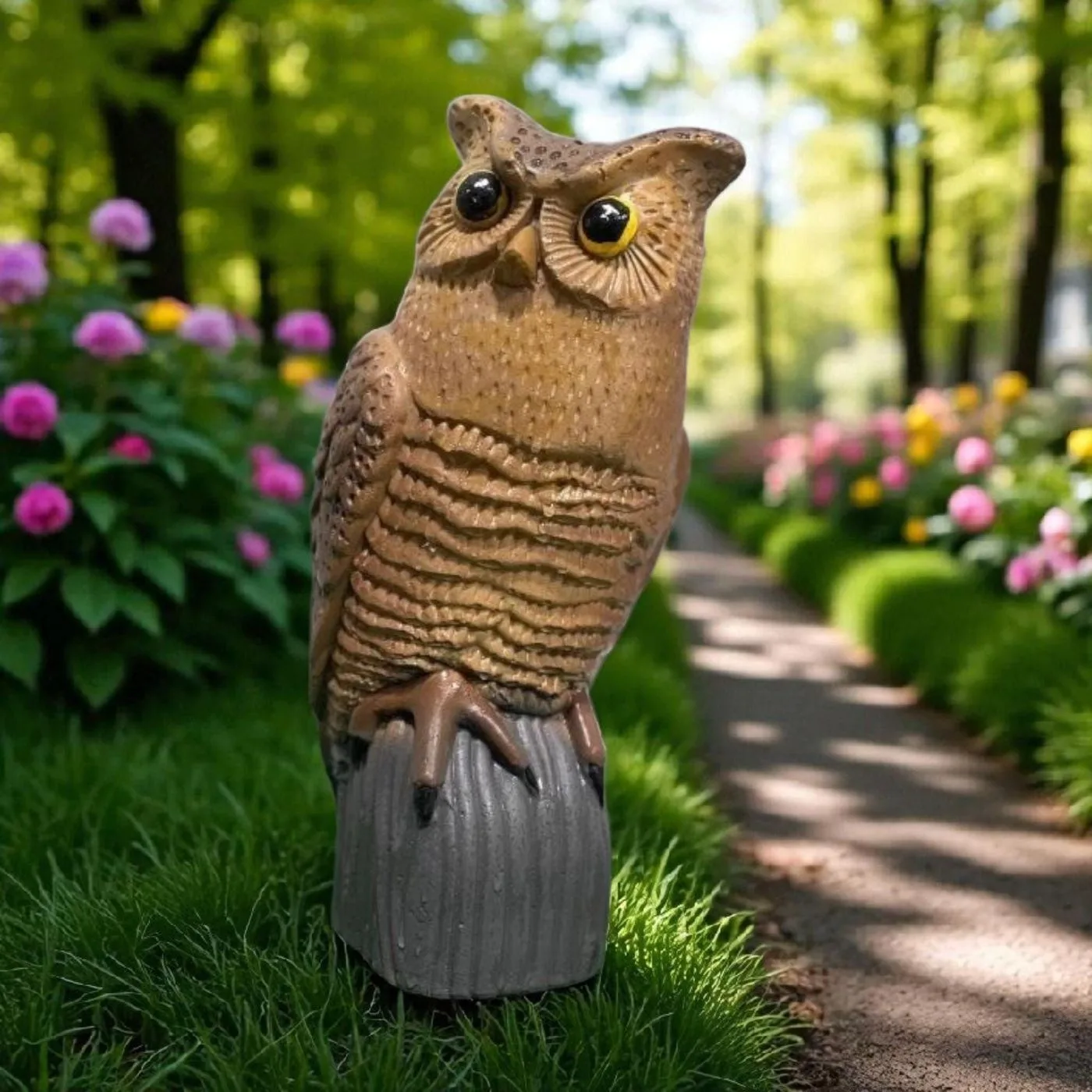 14″ Garden Owl, Hand-Painted Concrete