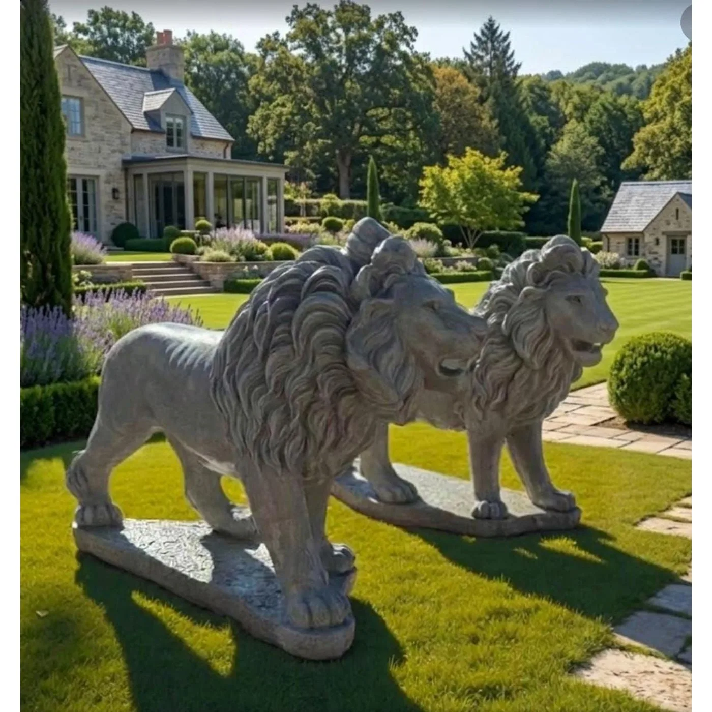 27″ Estate Lions, Pair — Solid Concrete