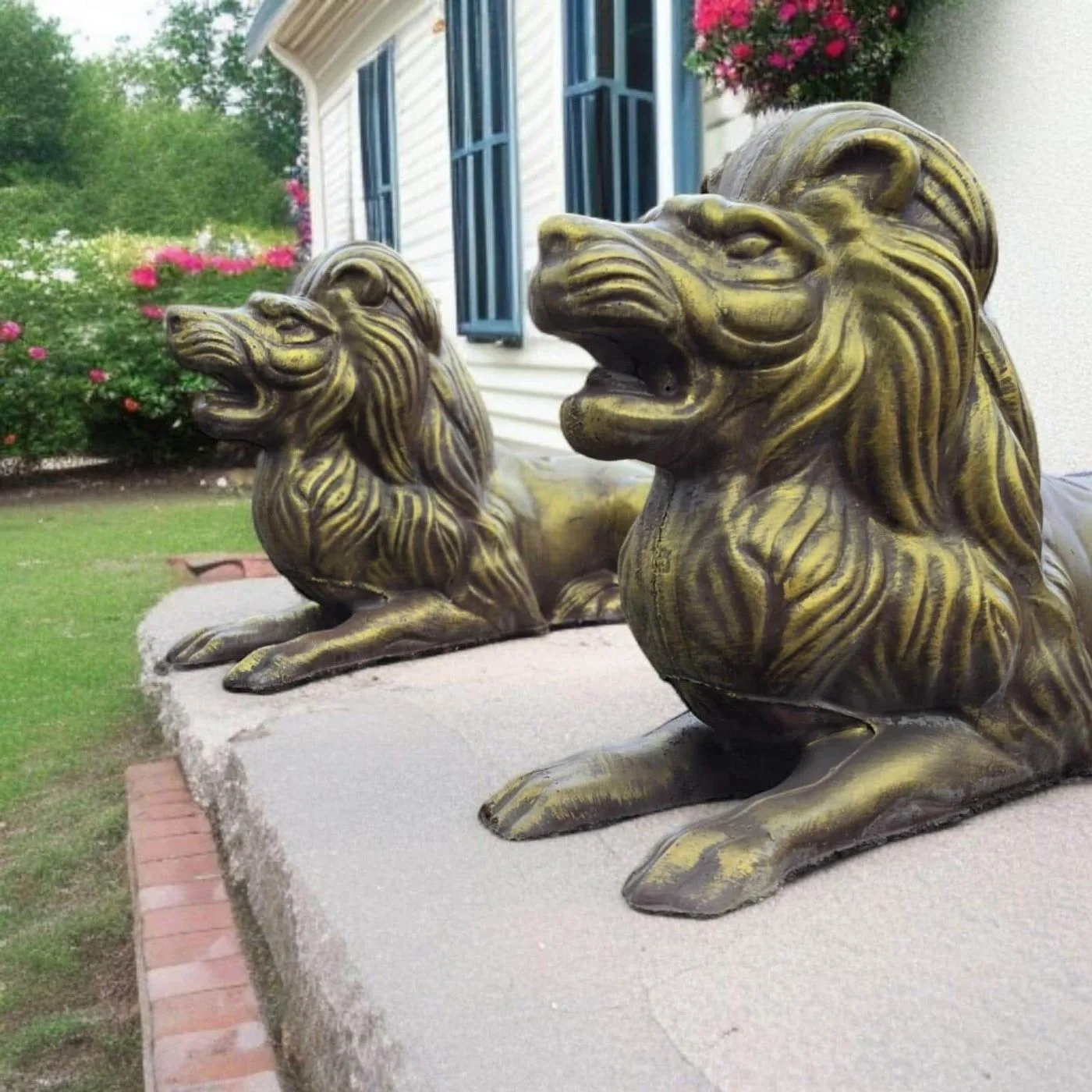 20″ Guardian Lions, Pair — Hand-Painted Concrete