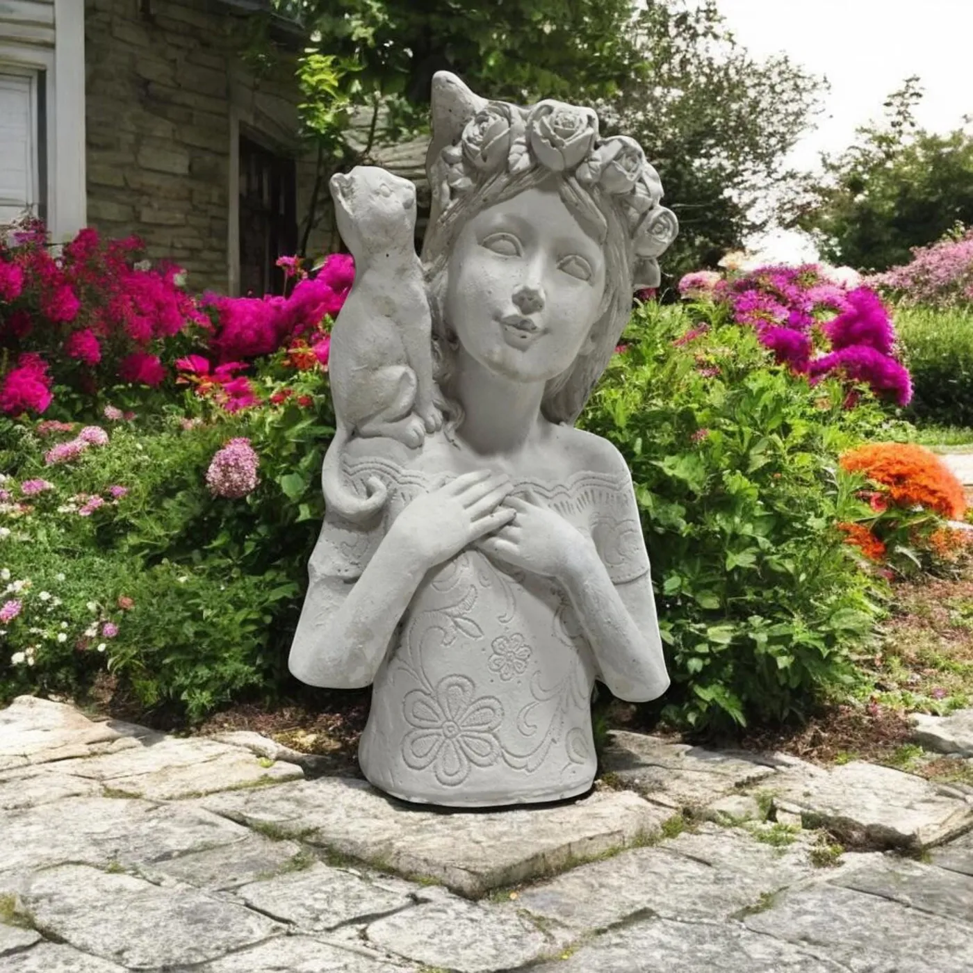 18″ Rose Crown Cat, Hand-Painted Concrete, photo 10 of 10