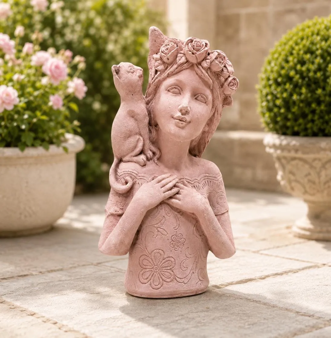 18″ Rose Crown Cat, Hand-Painted Concrete, photo 3 of 10