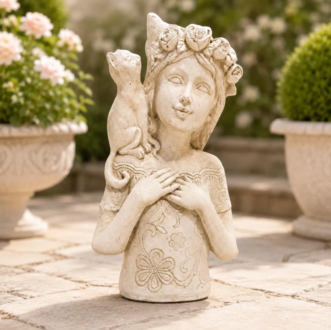 18″ Rose Crown Cat, Hand-Painted Concrete, photo 4 of 10